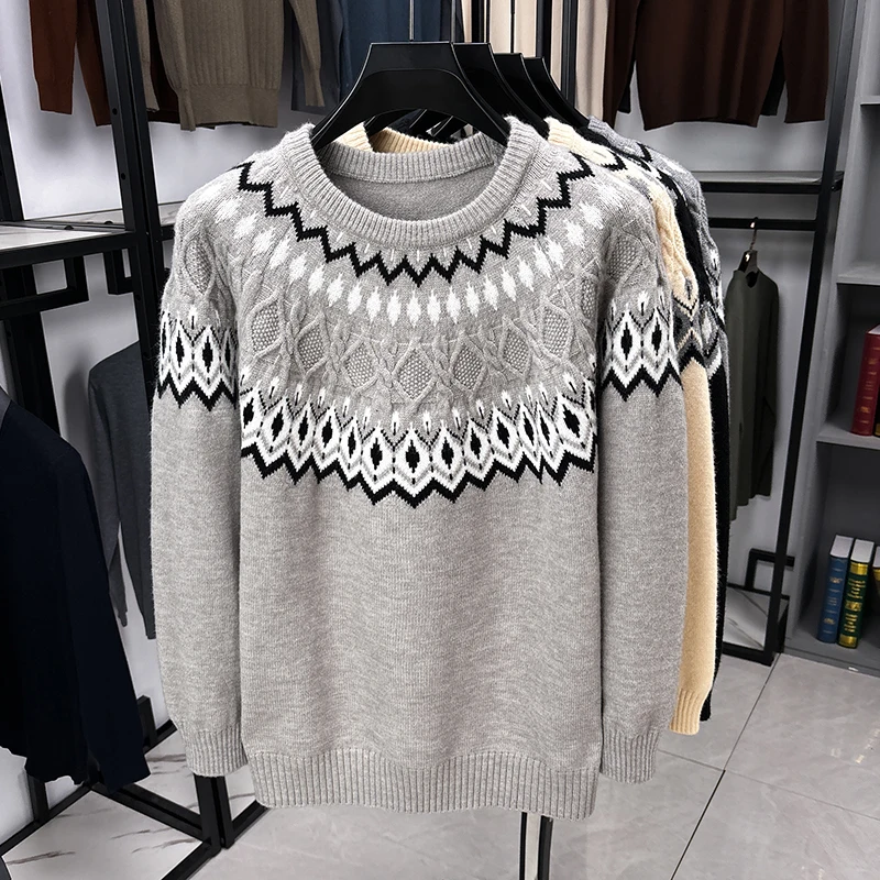 Men's American Lazy Style Knit Sweater Designer Original Fair Isle Jacquard Crewneck Soft Warm Cozy Casual Autumn Winter Men's