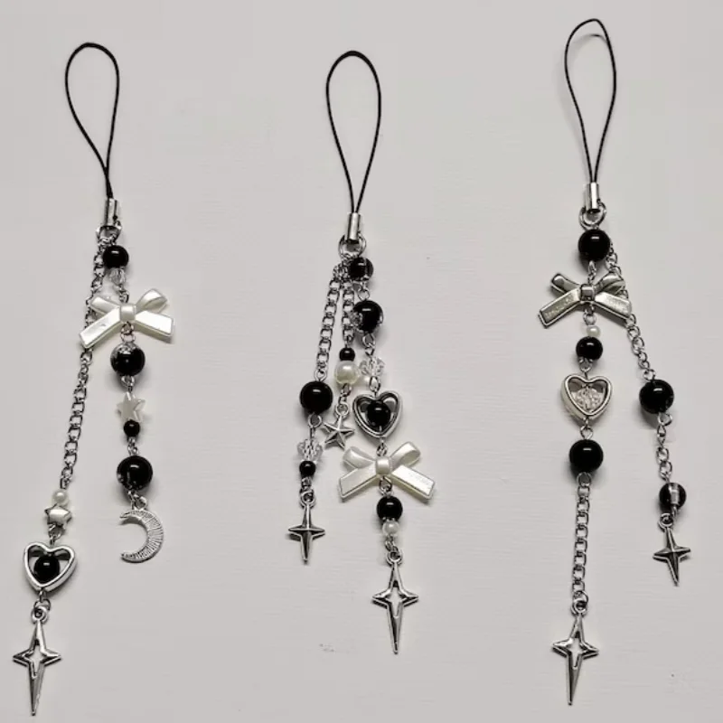 Monochrome Bow Beaded Mobile Phone Pendant | Black Silver Star Pendant Rope | Retro Y2K Style | Cute Gift for Her