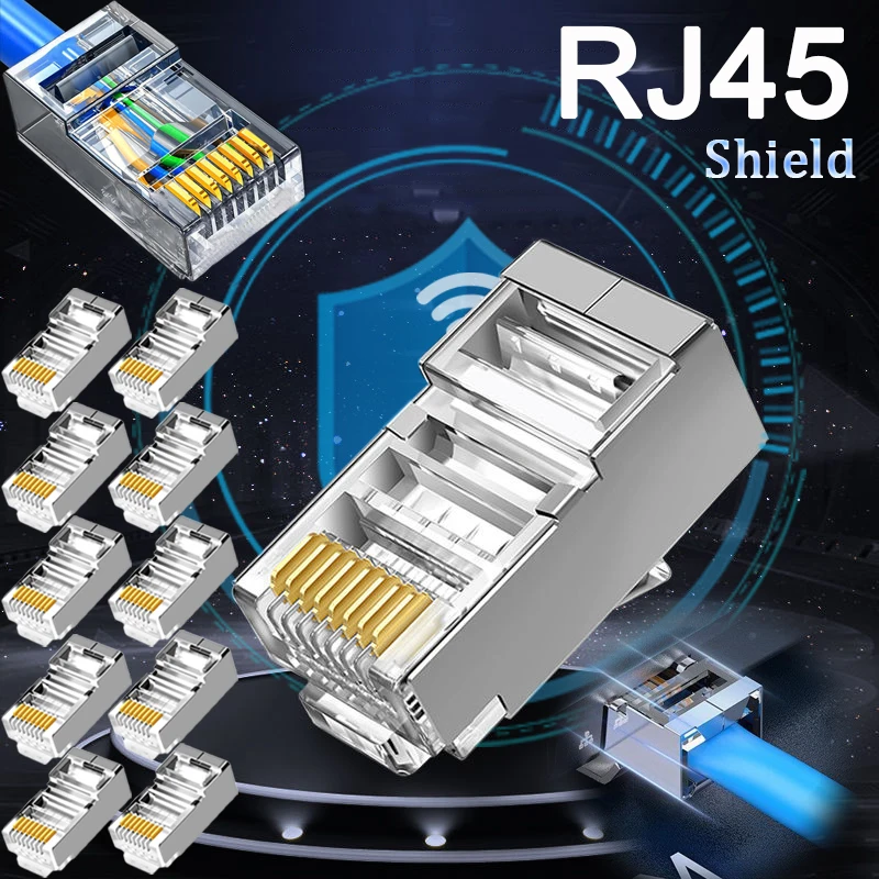 

Shielded RJ45 CAT5 CAT6 Crystal Head Connectors No Pass Hole Modular Plugs Gold Plated 8P8C Ethernet Ends TPU Network Cable Plug