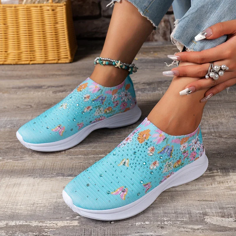 Women Print Breathable Jogging Sneakers Shining Crystal Walking Socks Shoes Woman Slip-On Soft Bottom Light Trainers Female