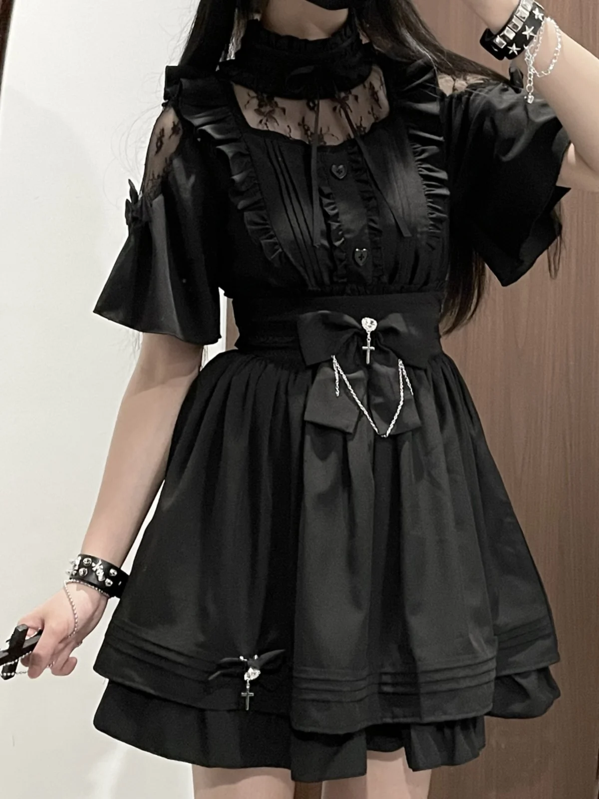 Japanese Mine Gothic Style Lace Short Sleeve Embroidered Blouse High Waist Slim Skirt Summer Lolita Two-Piece Women\'s Outfits