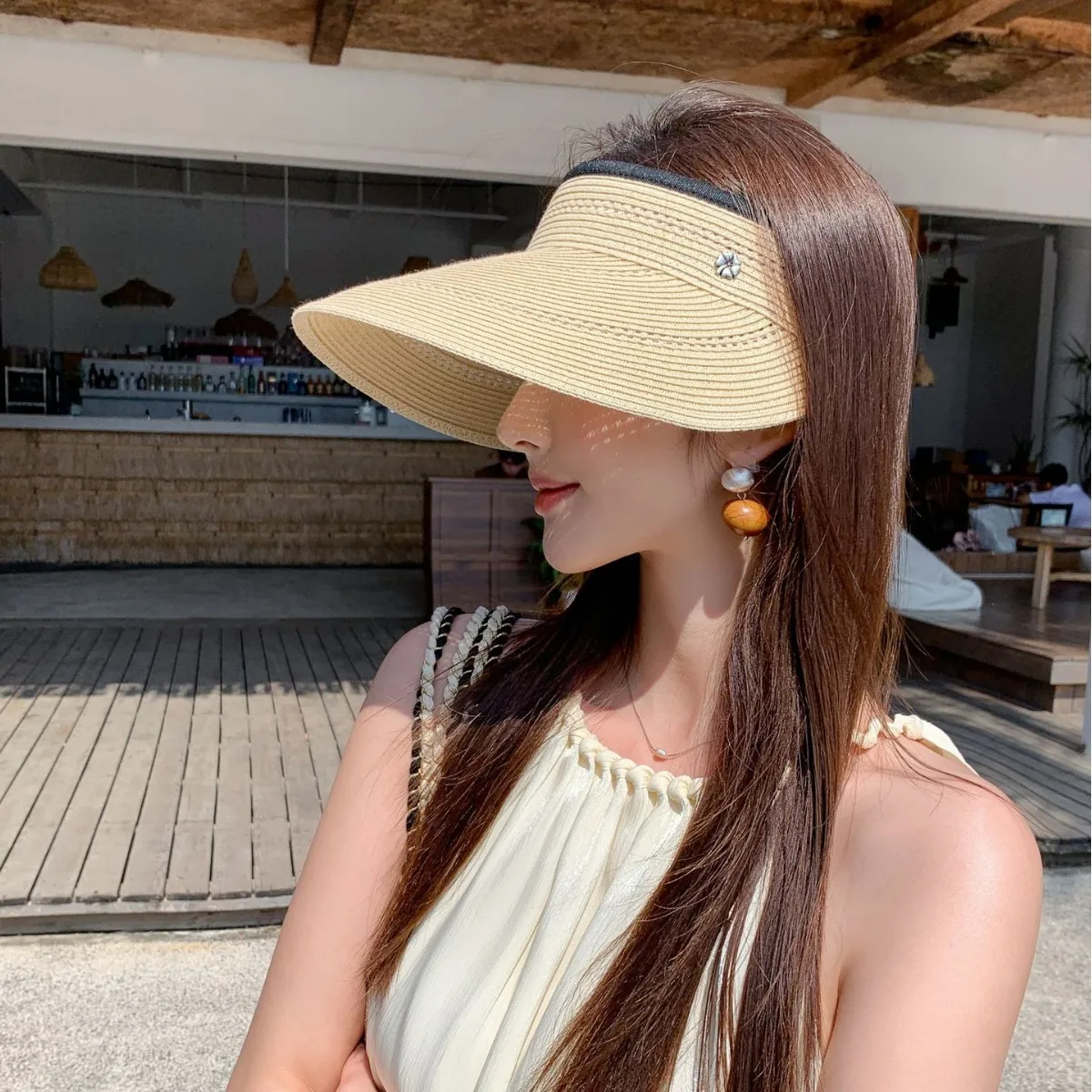 Women Wide Brim Straw Visor Hat UV Protection Windproof Hollow Top Adjustable Beach Vacation Casual Summer Shade Cap