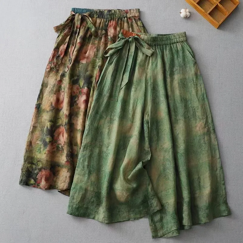 Vintage Floral Print Straight Wide Leg Pants 2024 New Summer High Waist Oversized Casual Trousers Breathable Cotton Blends Pants