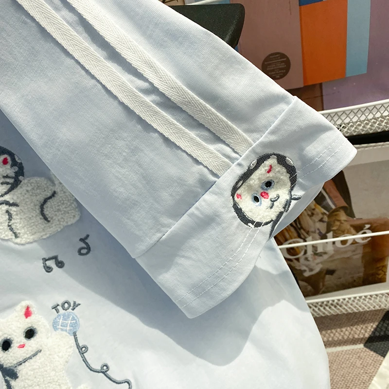 Light Blue Cotton T-shirt with Cute Cat Chenille Embroidery and Striped Sleeves Women's Casual Loose Short Sleeve Top view 5