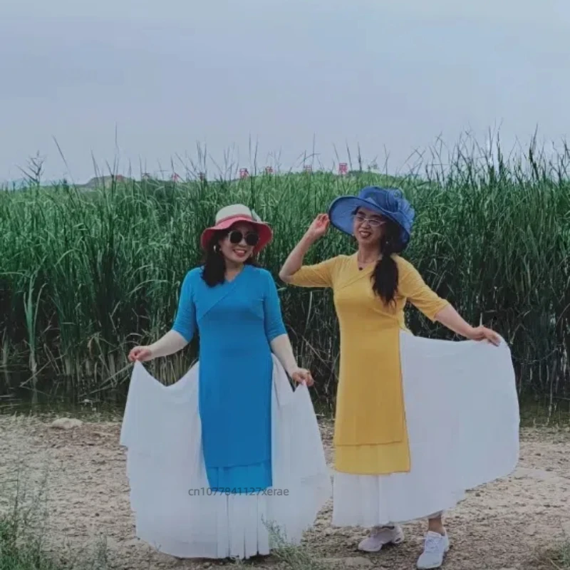 Китайский стиль, современная танцевальная практика Hanfu, женская классическая этническая двухслойная элегантная марлевая одежда средней длины с разрезом