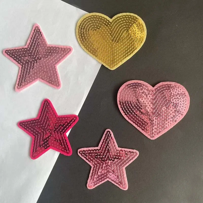 Pink,Fuschia Applique Sequin Patch,Cute Five-pointed Star,heart Stickers Fabric Embroidery Iron on Patches for Clothing,Jean