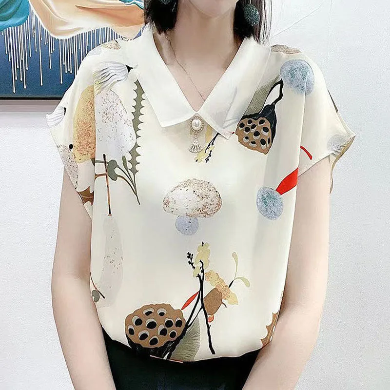 2023 Summer Casual Ladies Short Sleeve Printing Blouses Fashion Beading Peter Pan Collar Pullovers Loose Chiffon Shirt for Women