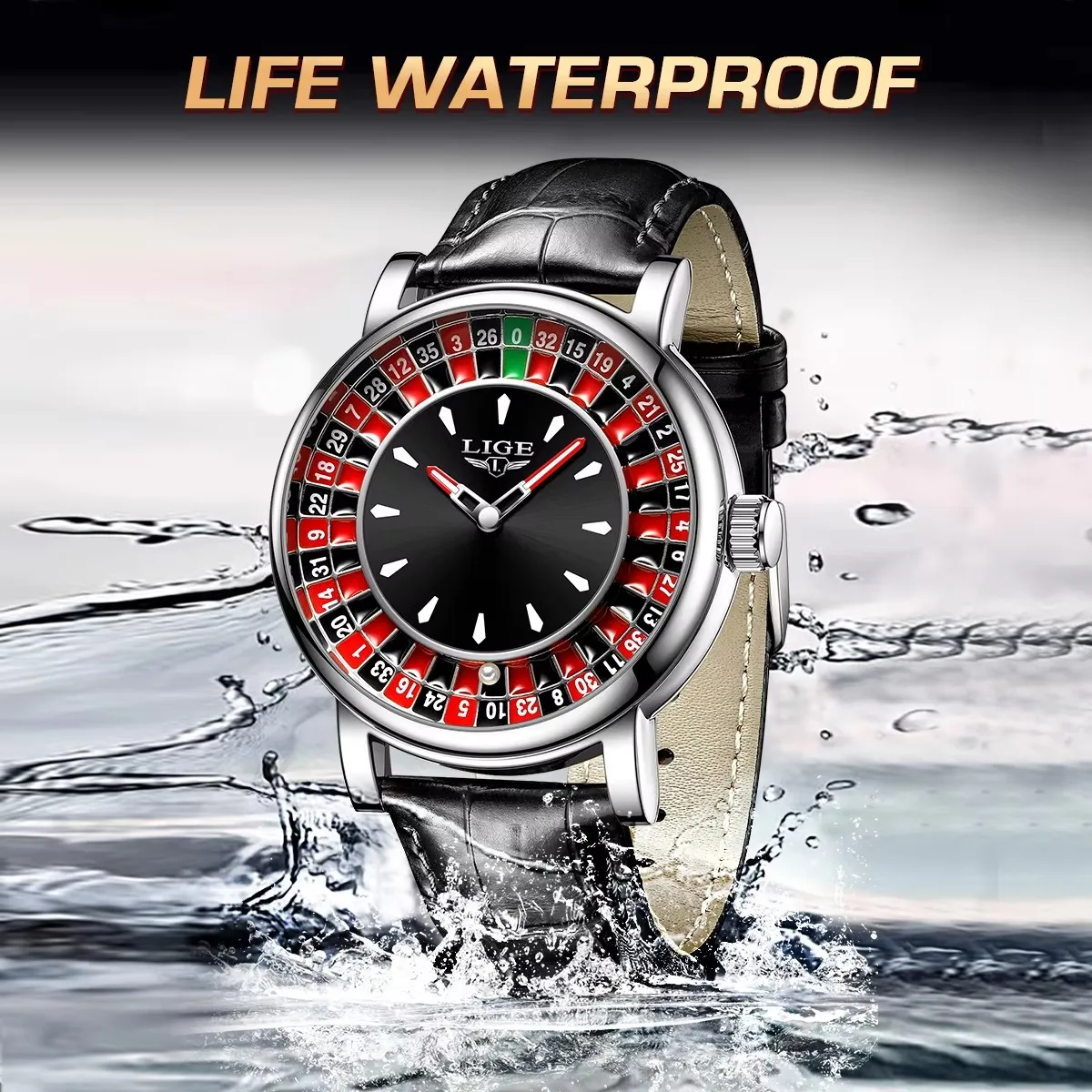 LIGE Quartz Man Watch Fashion Luxury Creative Roulette Game Dial Design Leather Casual Life Waterproof Watches for Men Gifts+Box