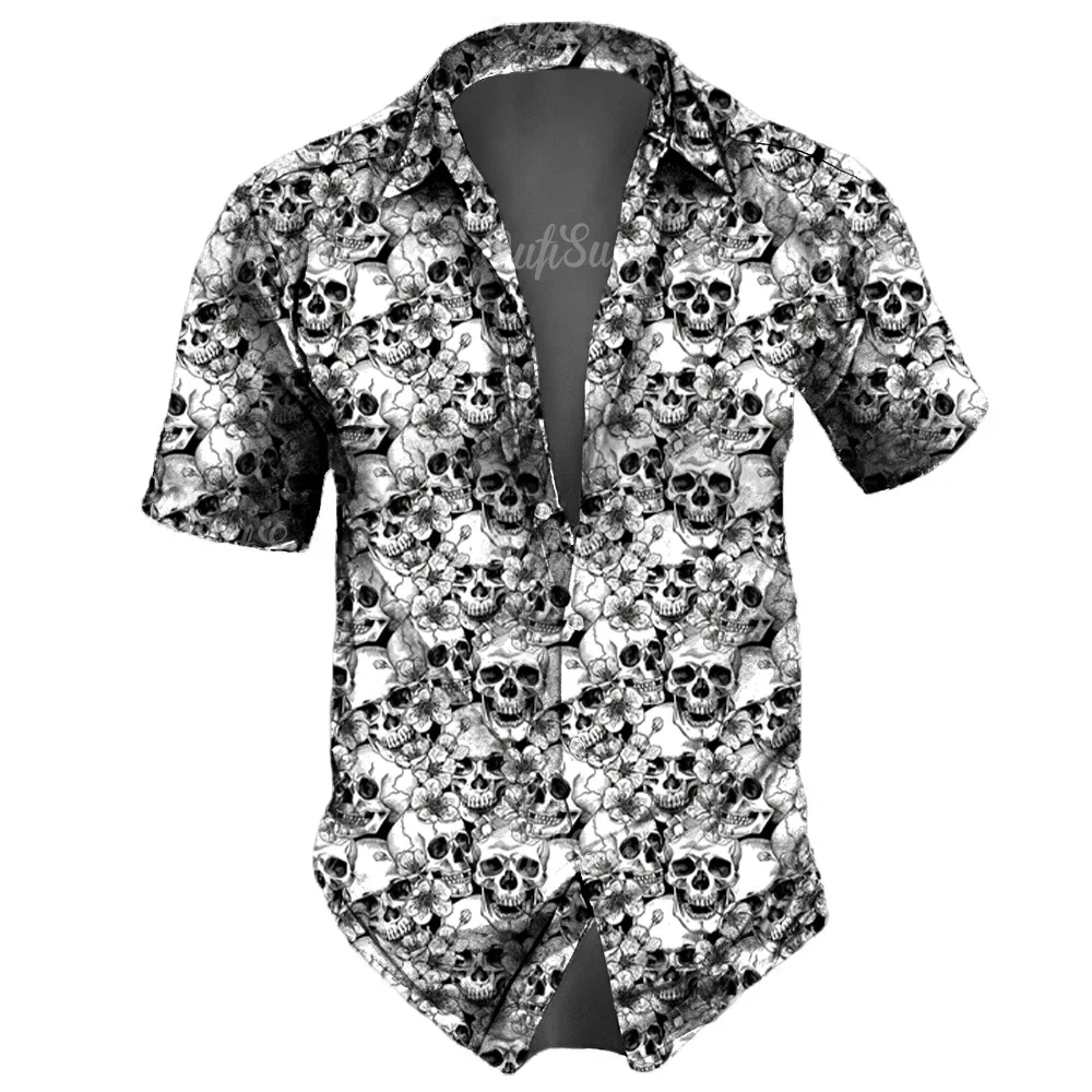 Men's casual Hawaiian lapel 3D horror skull retro printed button short sleeved shirt