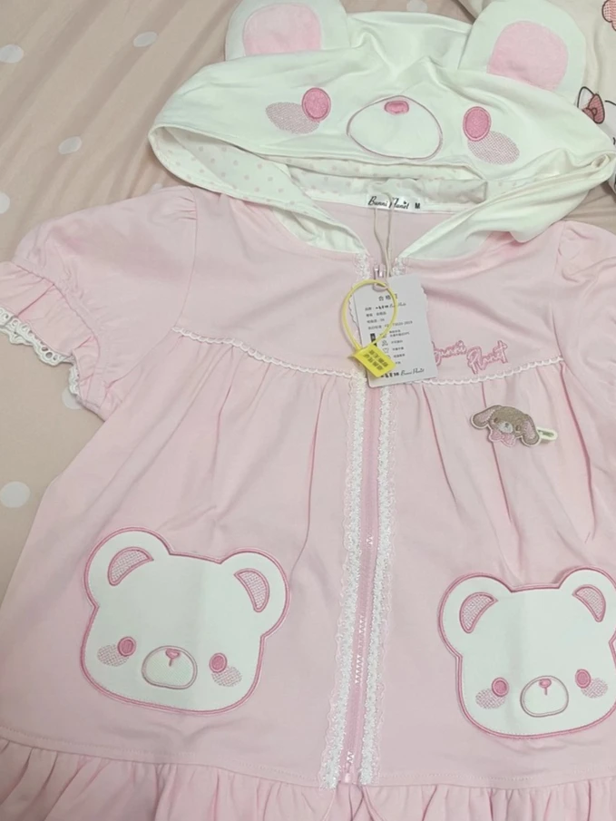 

Kawaii Bear Ear Hoodies Women Sweet Cute Cartoon Lace Embroidery Japanese College Style Patchwork Slim Zipper Short Sleeve Top