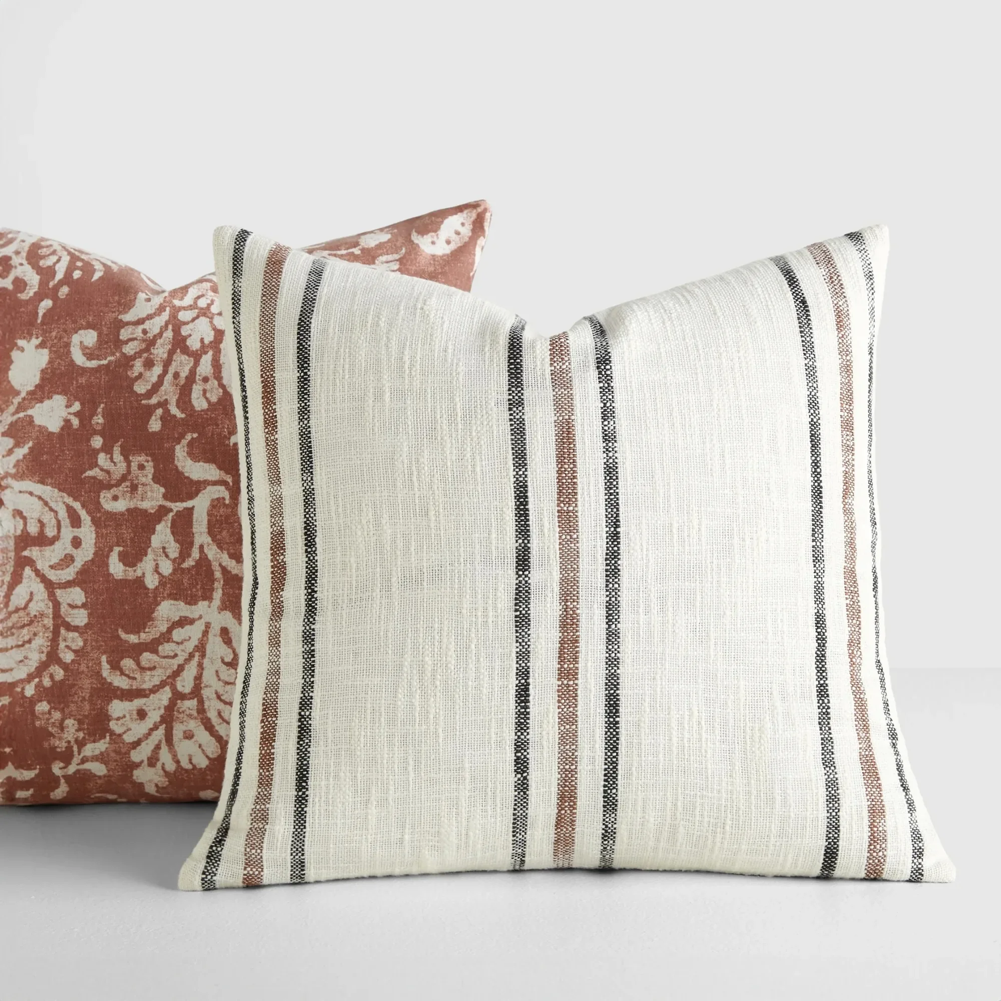 

2-Pack Floral & Stripe Throw Pillows. Terracotta Color, Yarn-Dyed. Soft, Durable. For Sofa, Bed, Chair Decor. Home Accent