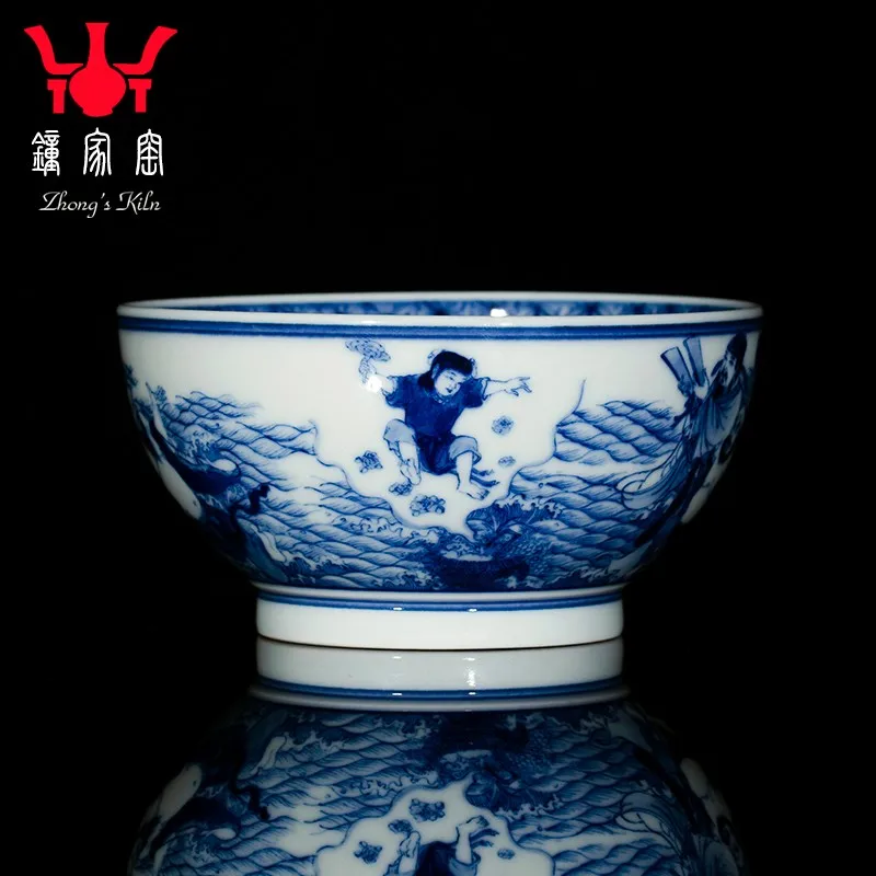 Zhongjia Kiln Ceramic Cup Jingdezhen Blue and White Wood Kiln Hand-Painted Character Eight Immortals Crossing the Sea Master Cup