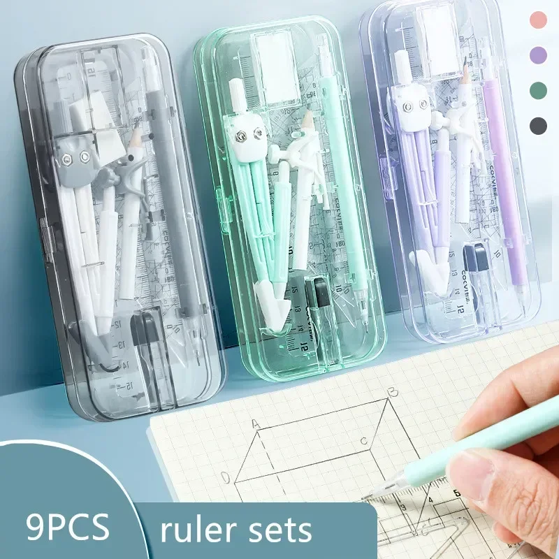Clear Scale 9-piece Compass Ruler Set Student Math Drawing Tools Exam Kit for Elementary School Students
