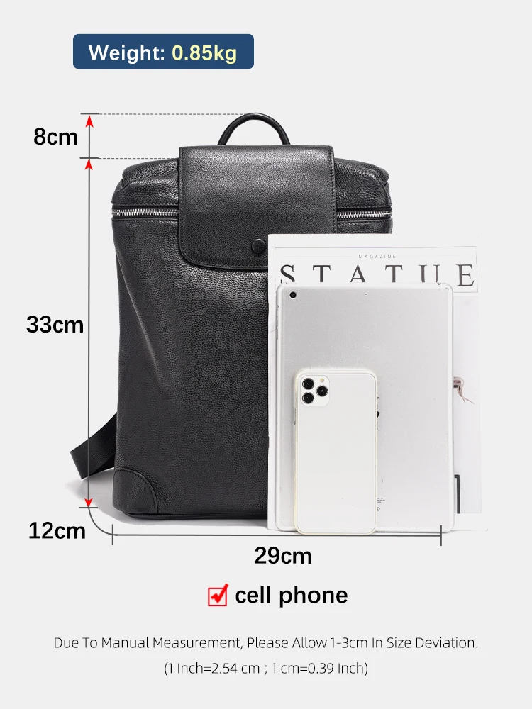 Zency 2025 Genuine Leather Black Backpack Multi-pocket Design Knapsack Flap Bag for Summer Winter Large Capacity For A4 Ipad