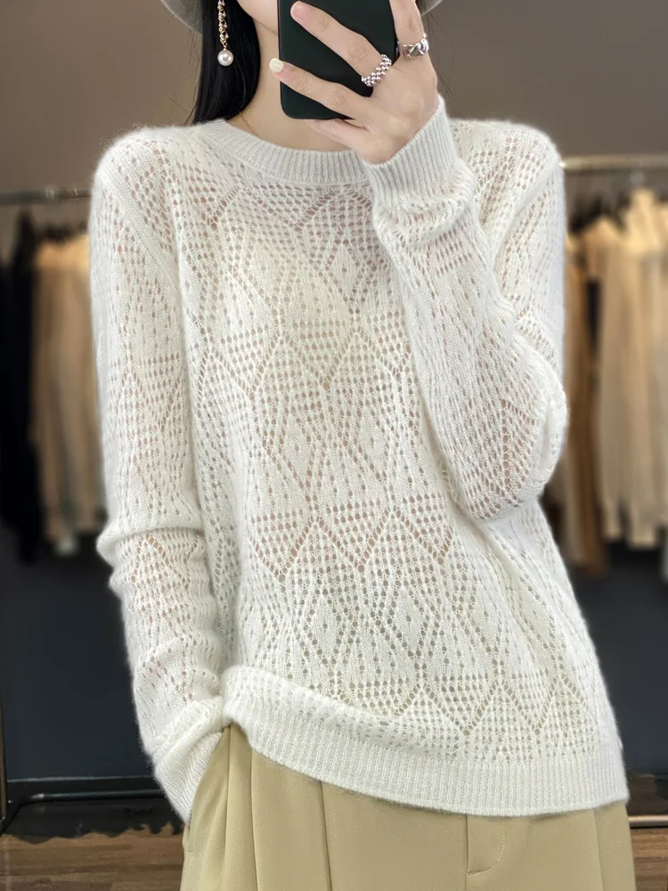 

2024 New Design Spring Autumn Women Thin Sweater 100% Merino Wool Pullover Hollow Out O-Neck Long Sleeve Fashion Knitwear top