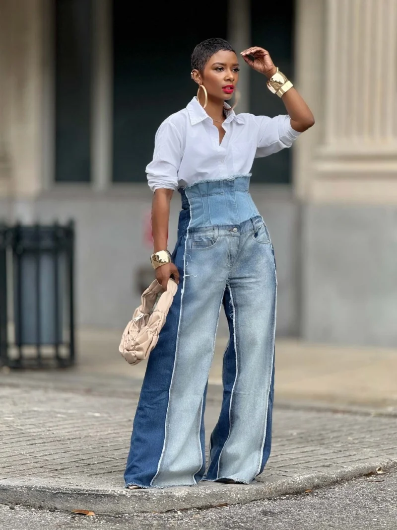 ストリートウェア パッチワーク デニムパンツ 春服 レディース 2026 ハイウエスト ワイドレッグジーンズ 女性用 カジュアル ストレートジーンズ