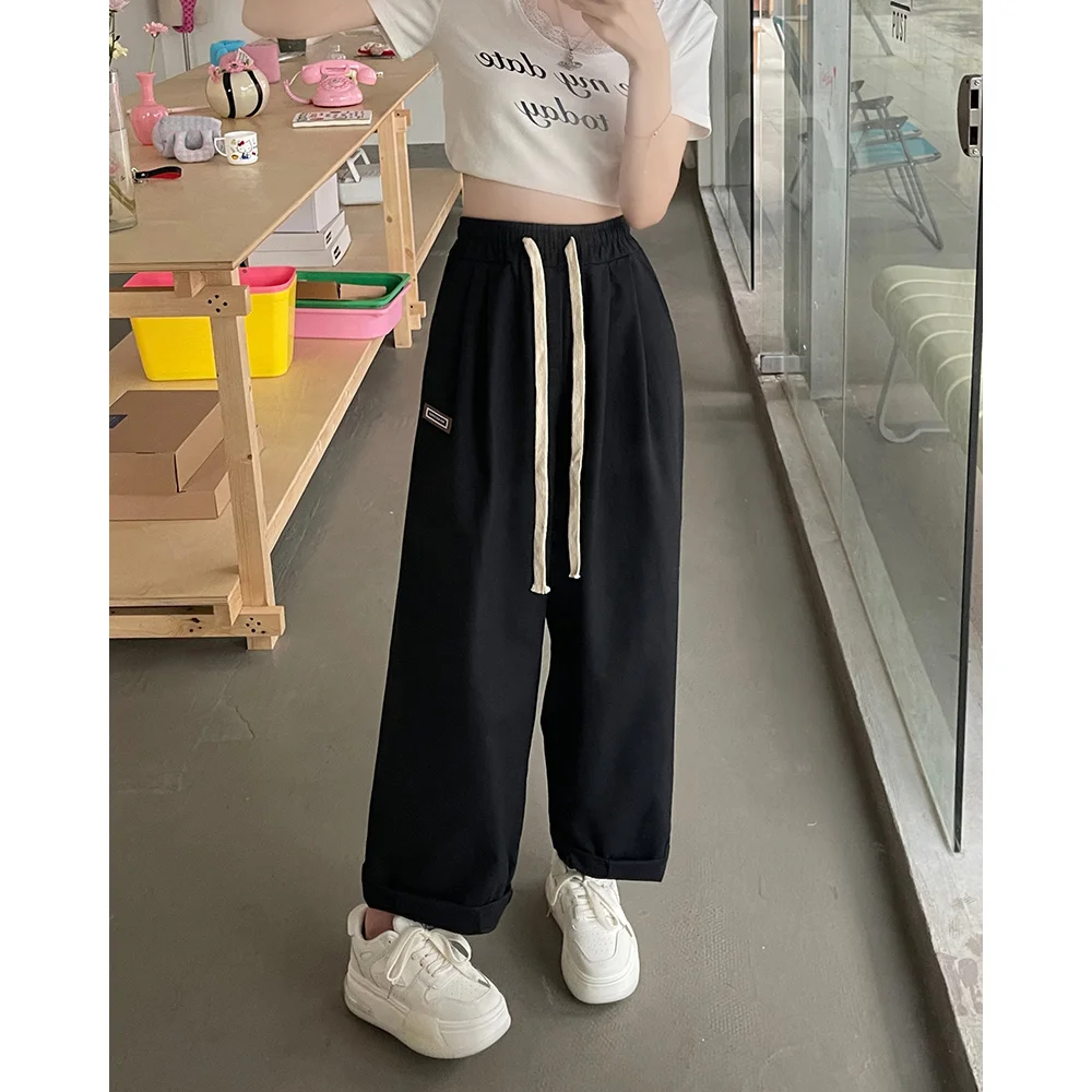 Spring Summer Ladies Ice Silk Wide Leg Trousers Girl Solid Color High Waist Loose Comfy Straight Casual Pants 2023 Female body