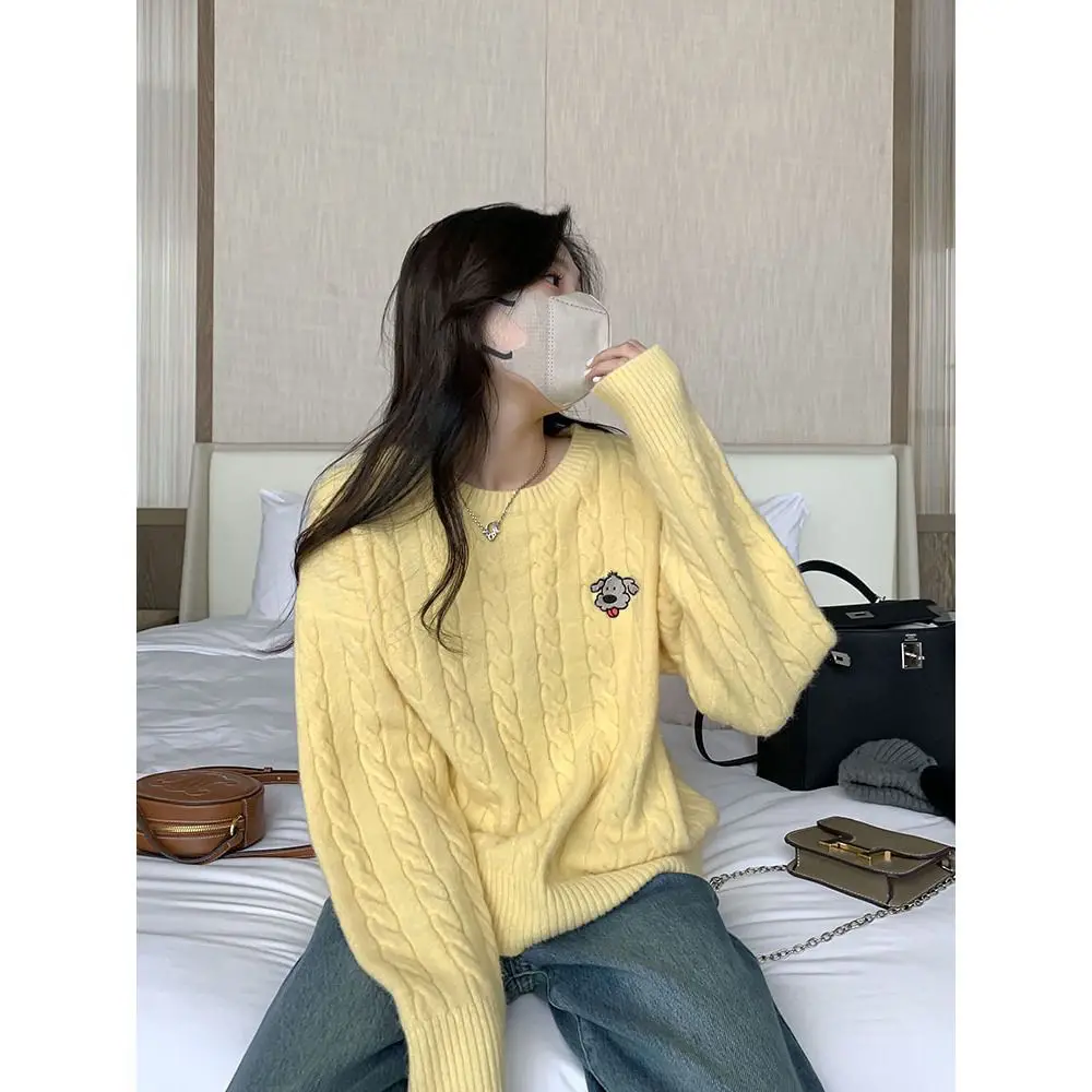 Retro soft waxy twist sweater for small women 2024 autumn and winter new style loose lazy style knitted top women clothing y2k