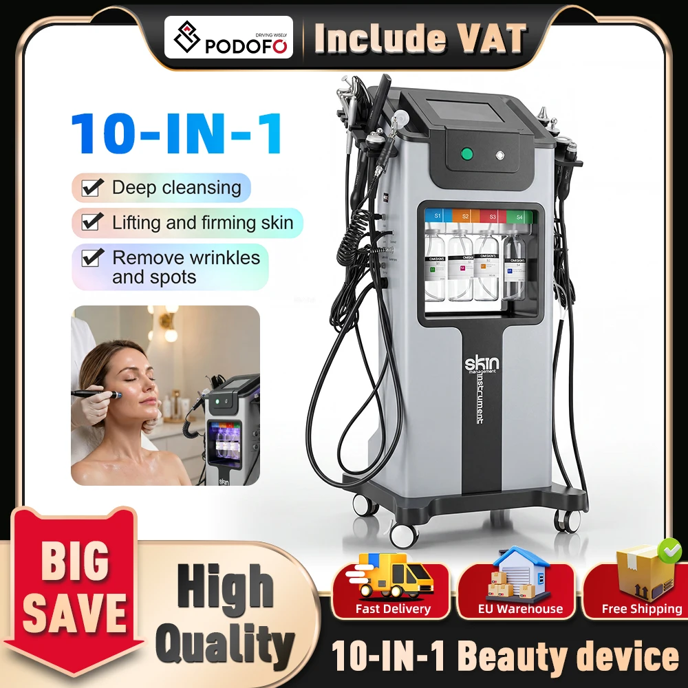 Podofo Machine de beauté faciale professionnelle 10-en-1, machine Hydra Facial, hydrodermabrasion, peeling aquatique, jet d'oxygène, nettoyage en profondeur, lifting de la peau, rajeunissement, blanchiment, machine de beauté, appareil de soin de la peau pour salon SPA