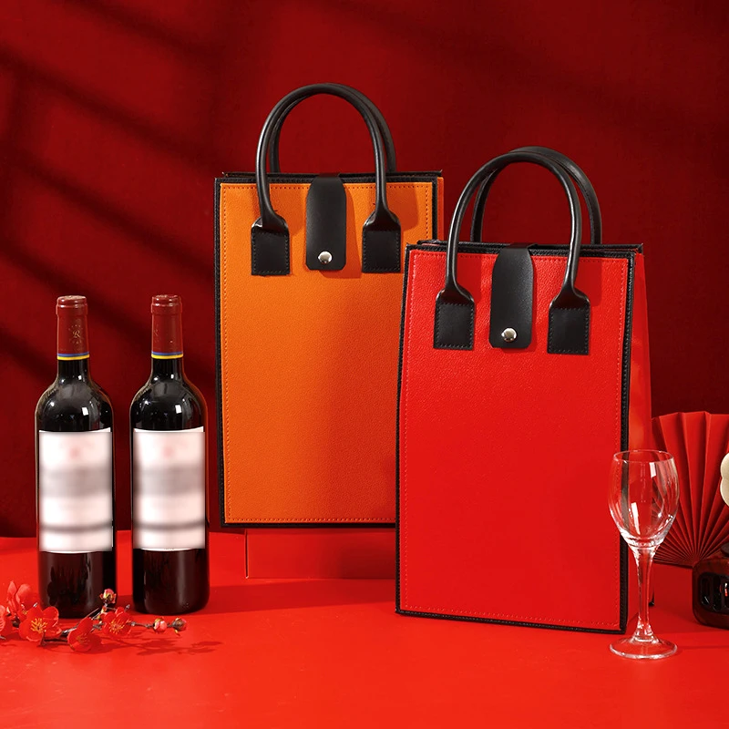 Luxury Red Wine Packing Bag Exquisite Portable PU Leather Handle Bag Double Bottle Red Wine Tote Bag Champagne Bag Gift Box