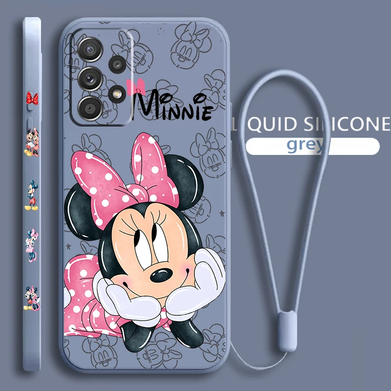 Cute Mickey Minnie For Samsung Galaxy A73 A54 A34 A53 A33 A52 A32 A22 A71 A51 A21S 4G 5G Liquid Left Rope Phone Case Coque Capa