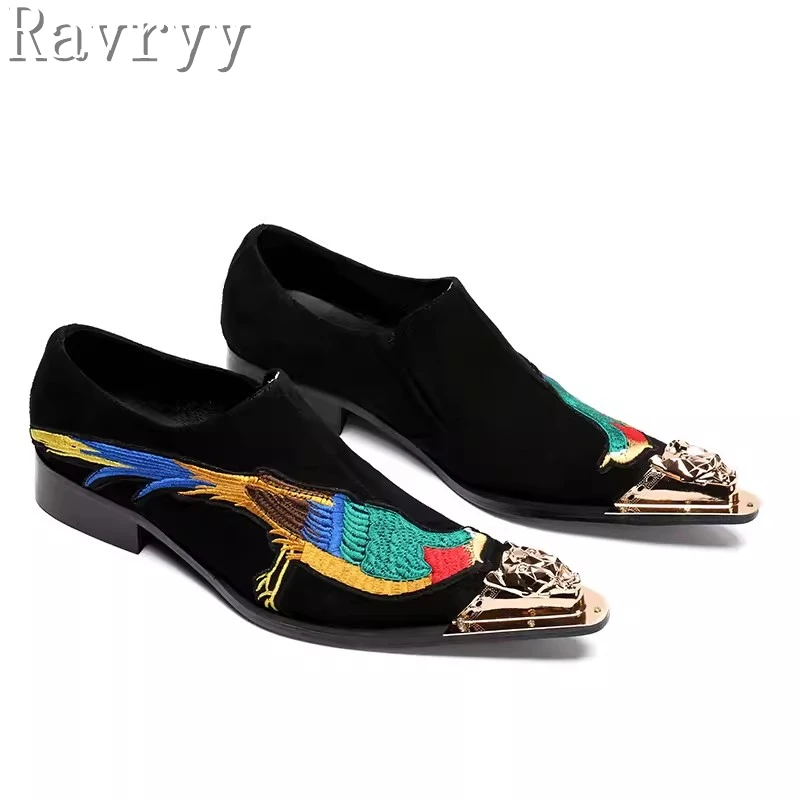 

Brand Design Embroider Birds Suede Leather Shoes Men Slip On Soft Loafers Formal Wedding and Party Dress Shoes