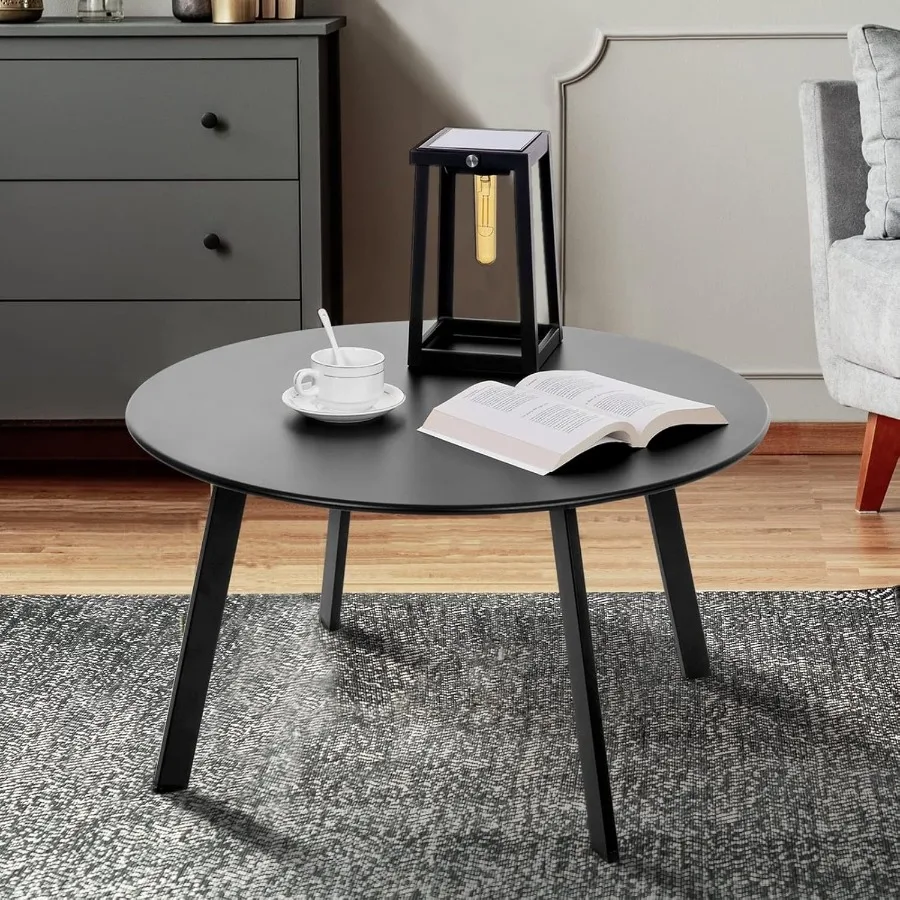 

27.5 Inch Round Patio Table Black Outdoor Metal Side Table with Four Leg Support Weather Resistant Iron Frame Coffee Bistro Tab