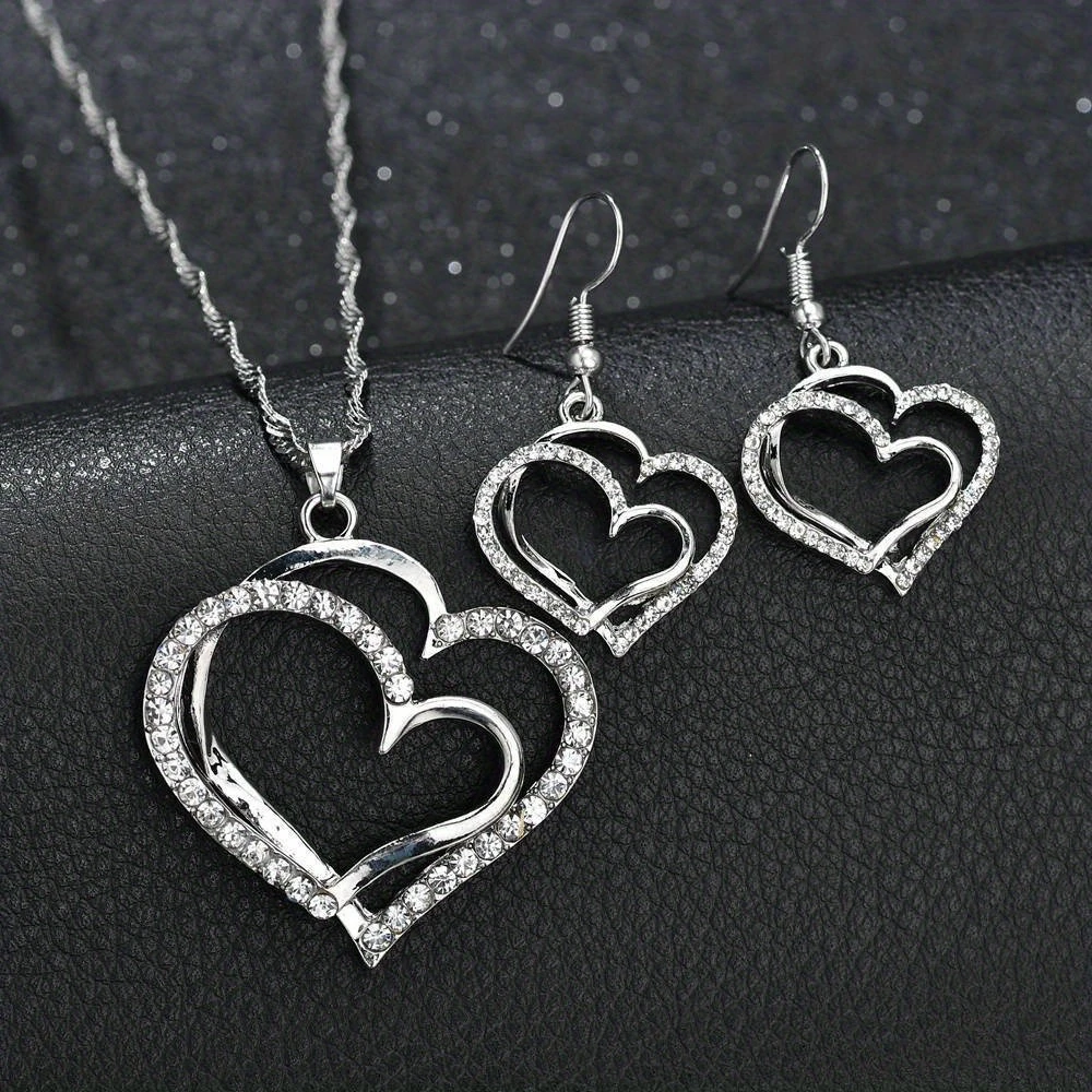 3Pcs Double Hollow Love Heart Jewelry Set With Pendant Necklace & Drop Earrings Inlaid Shiny Zircon Vintage Style Jewelry Set