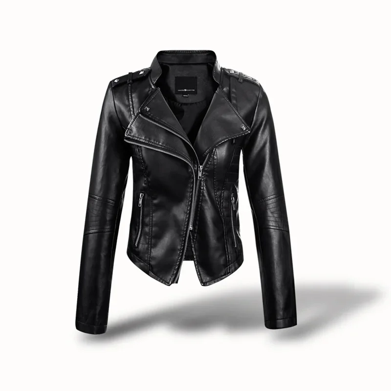 

Women's Standing Collar Short Fitting Rivet leather jacket Motorcycle leather Jacket Skin Coats for Women