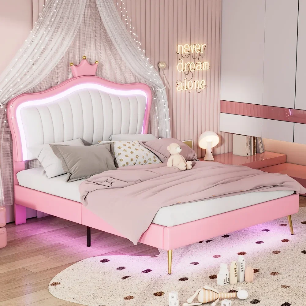 Queen Size Upholstered Bed Frame with LED Lights,Modern Upholstered Princess Bed with Crown Headboard