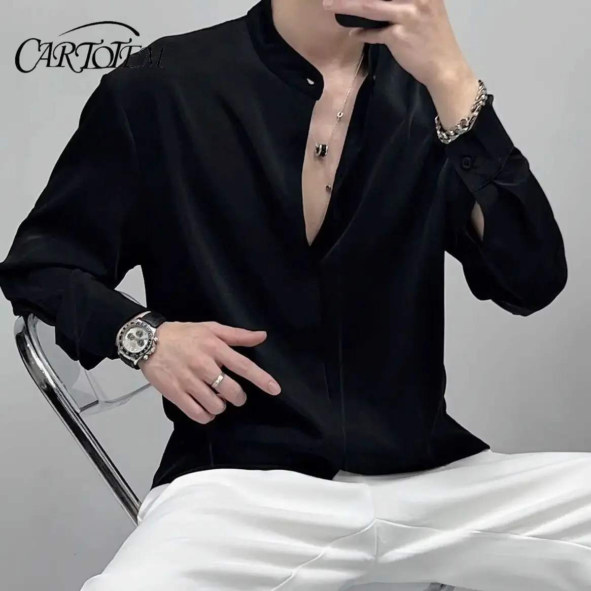 

New Chinese Stand-up Collar Long-sleeved Shirt Men's Spring and Autumn Solid Color Loose High-end Shirt Men's Clothing