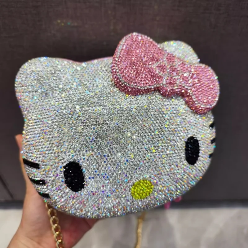 Hot Sanrio Cute Cartoon Hello Kitty Diamond Bag Fashion Girl Messenger Bag Handmade Diamond Inlaid Handbag Decor Girl Gifts