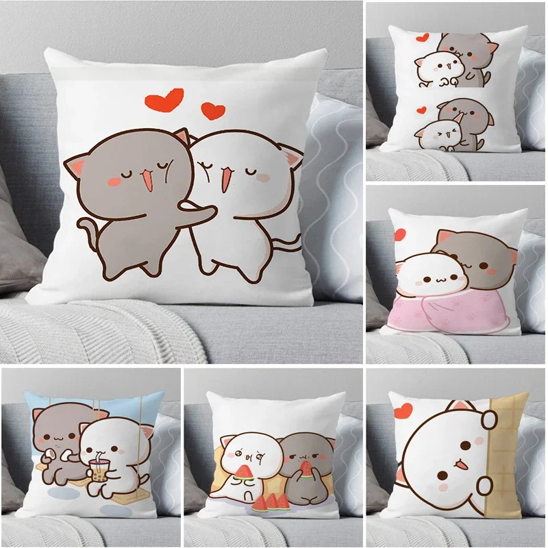 Kawaii Mocha Mochi Peach Cat Pillowcases Cute Peach and Goma Throw Pillow Case Home Decor Sofa Car Waist Cushion Cover