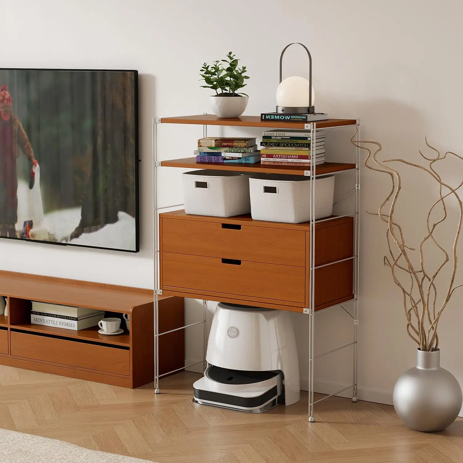 رف خزانة من الخشب الصلب رف تخزين أرضية من الفولاذ المقاوم للصدأ لغرفة المعيشة رف روبوت كنس #2