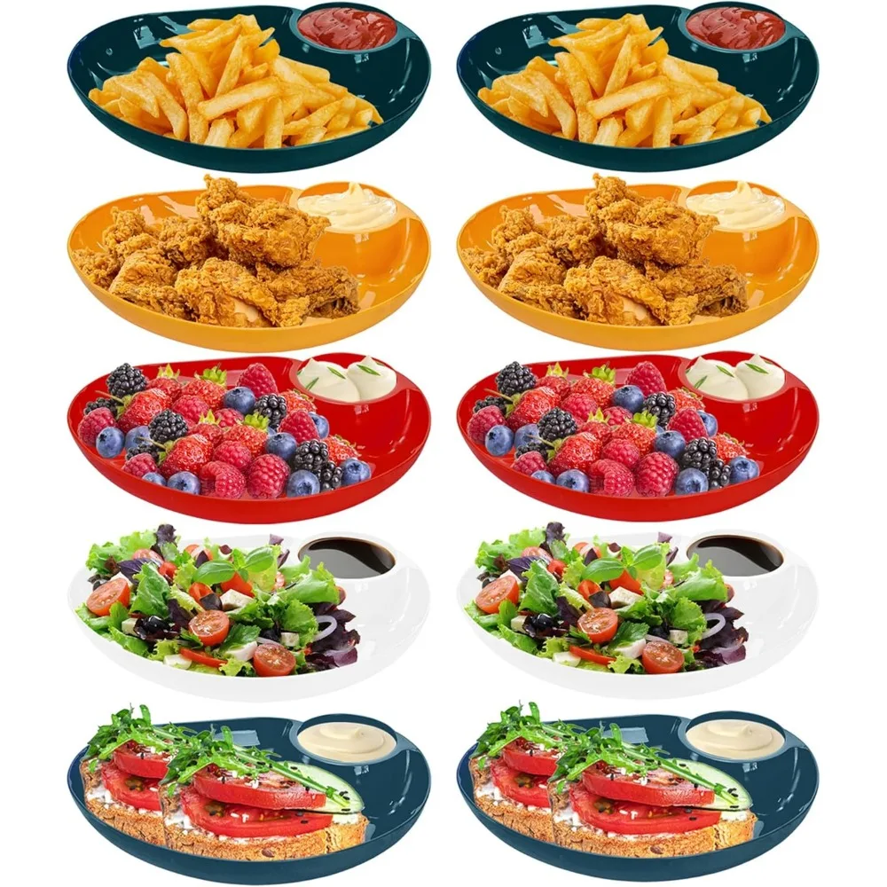 10 عبوات من أطباق تقديم الرقاقة والغمس، 9 × 6.5 طبق زلابية عشاء بلاستيكي كبير قابل لإعادة الاستخدام مع حجرة صلصة للتاكو، الجمعة