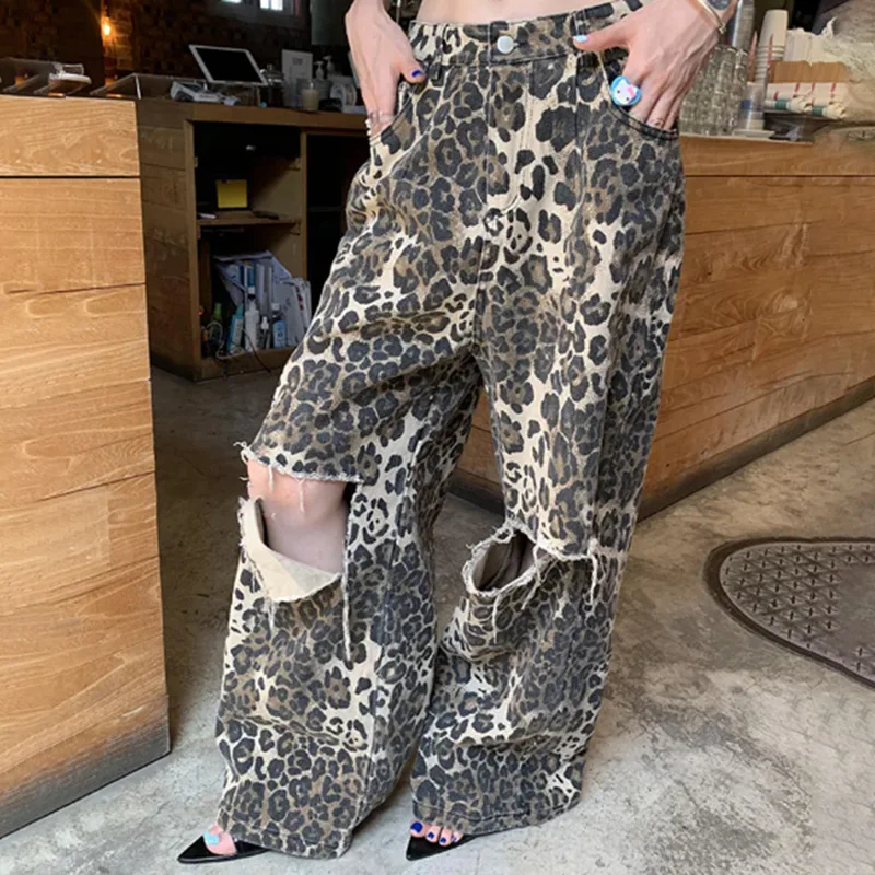 

Vintage Leopard Print Jeans for Women High-waisted Baggy Jeans Women Spring Straight Leg Wide-leg Jeans Trousers Ripped Denim