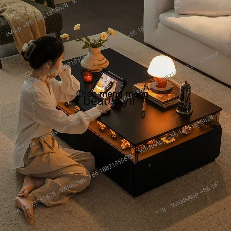 SS new styleBlack rock slab coffee table living room household Italian minimalist solid wood tea table with lamp light luxury ss
