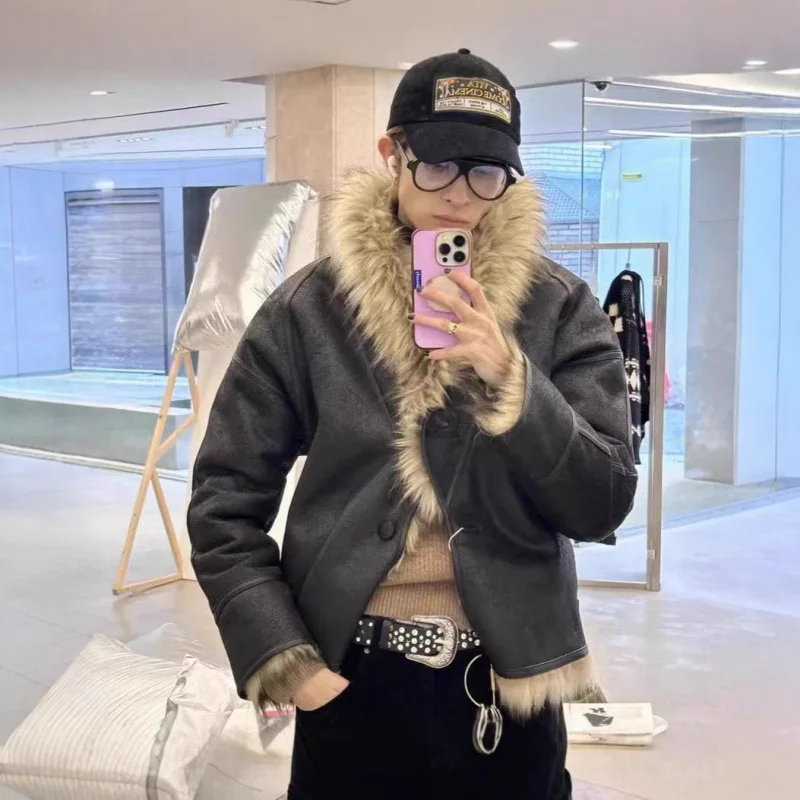

Двусторонняя куртка из искусственного меха, теплая верхняя одежда Openyy, зимняя ретро-модель, мужская одежда, 100% кроличий мех, цветной блок