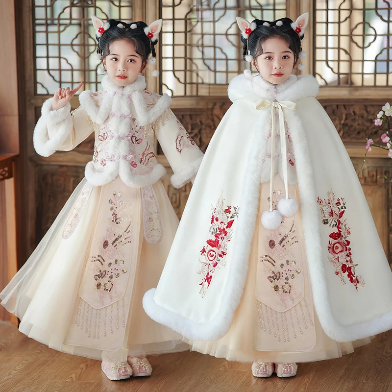 

2025 зимняя новая теплая одежда для девочек с плащом Hanfu, красная китайская новогодняя одежда, детский костюм Тан, плотный древний костюм с вышивкой