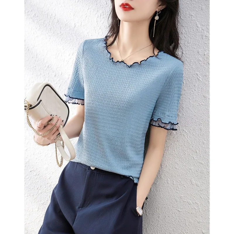 Elegant Texture Design Sense T-shirt Women Classic Summer Short Sleeve Korean Casual All-match O-collar Pullover Lady Top