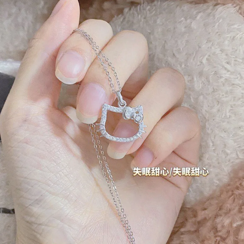 Kawaii HelloKittys Anime Crystal Pendant Necklaces Ladies Girl Simple White Zircon Elegant Necklace Women Jewelry Gift Box