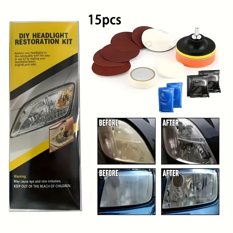 General Headlight Repair Kit - Car Headlight Update Polish with Sand Disc, Cleaning Paste and Protective Liquid, Car Light Cleaner and Renovation