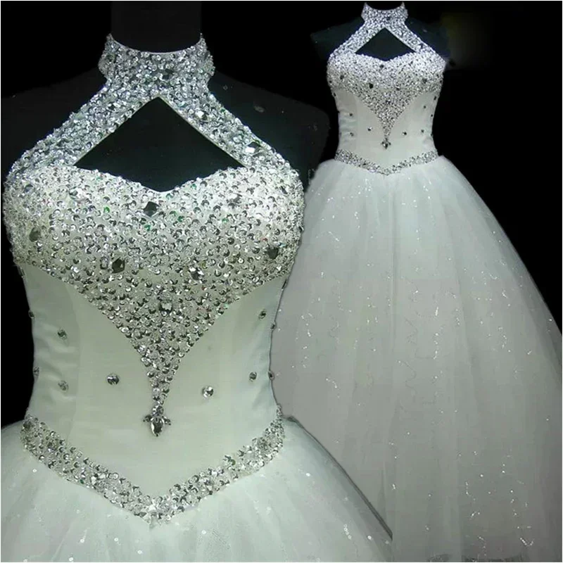 Customized Wedding Dress Quality White Handmade Beads Halter Collar Lace up Princess Floor-length Plus size lady Bride Ball Gown