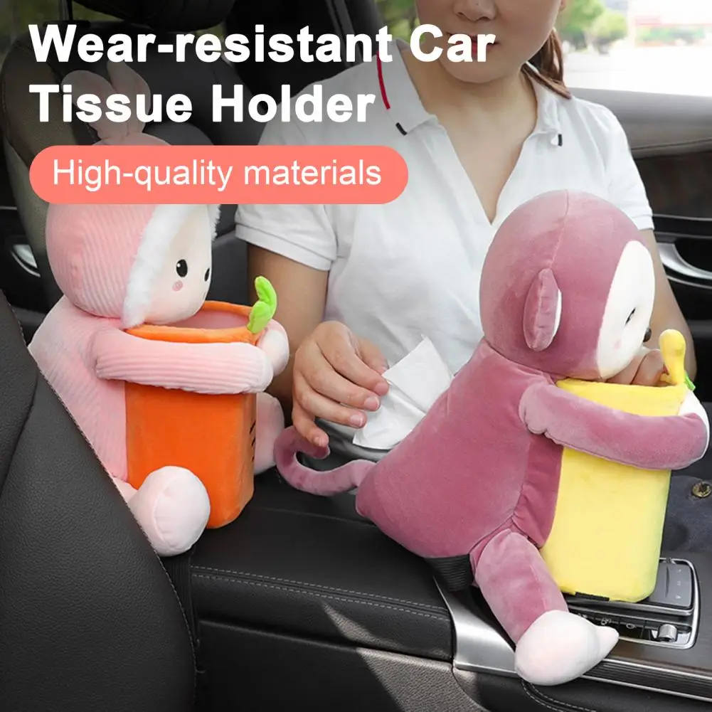 2 In 1 Car Tissue Box Cute Cartoon Rabbit Dog Monkey Elastic Garbage Auto Animal Car Plush Tissue Interior Can Armrest Box