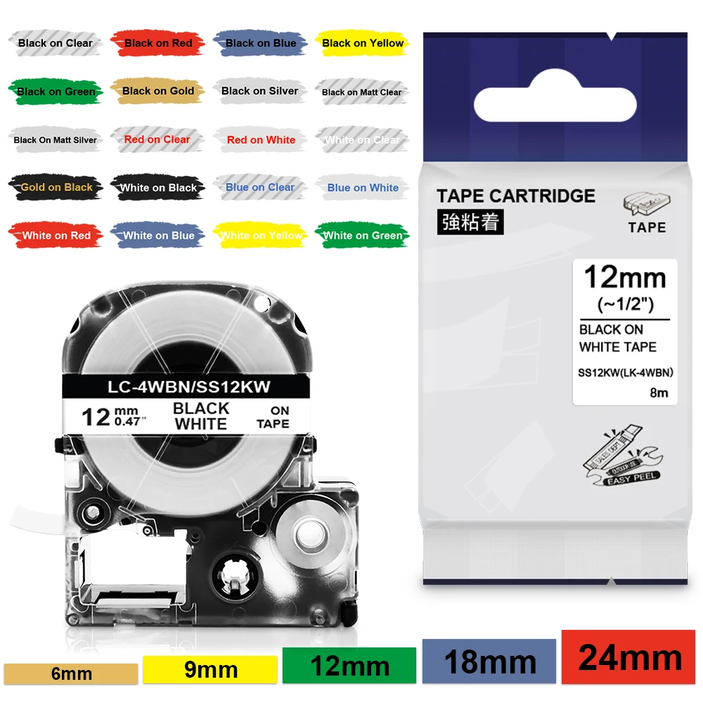 Labelwell 12/18mm Label SS18KW LC-5WBN SS12KW LK-4WBN compatible for Epson Kingjim SS9KW SS18KW SS6KW for LW-400 LW-700 Printer