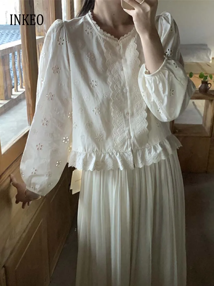 

Элегантная блузка с кружевной вышивкой и оборками, женская бежевая блузка весна-лето 2021, стильный укороченный топ с длинными рукавами, свободная базовая рубашка INKEO 5T050