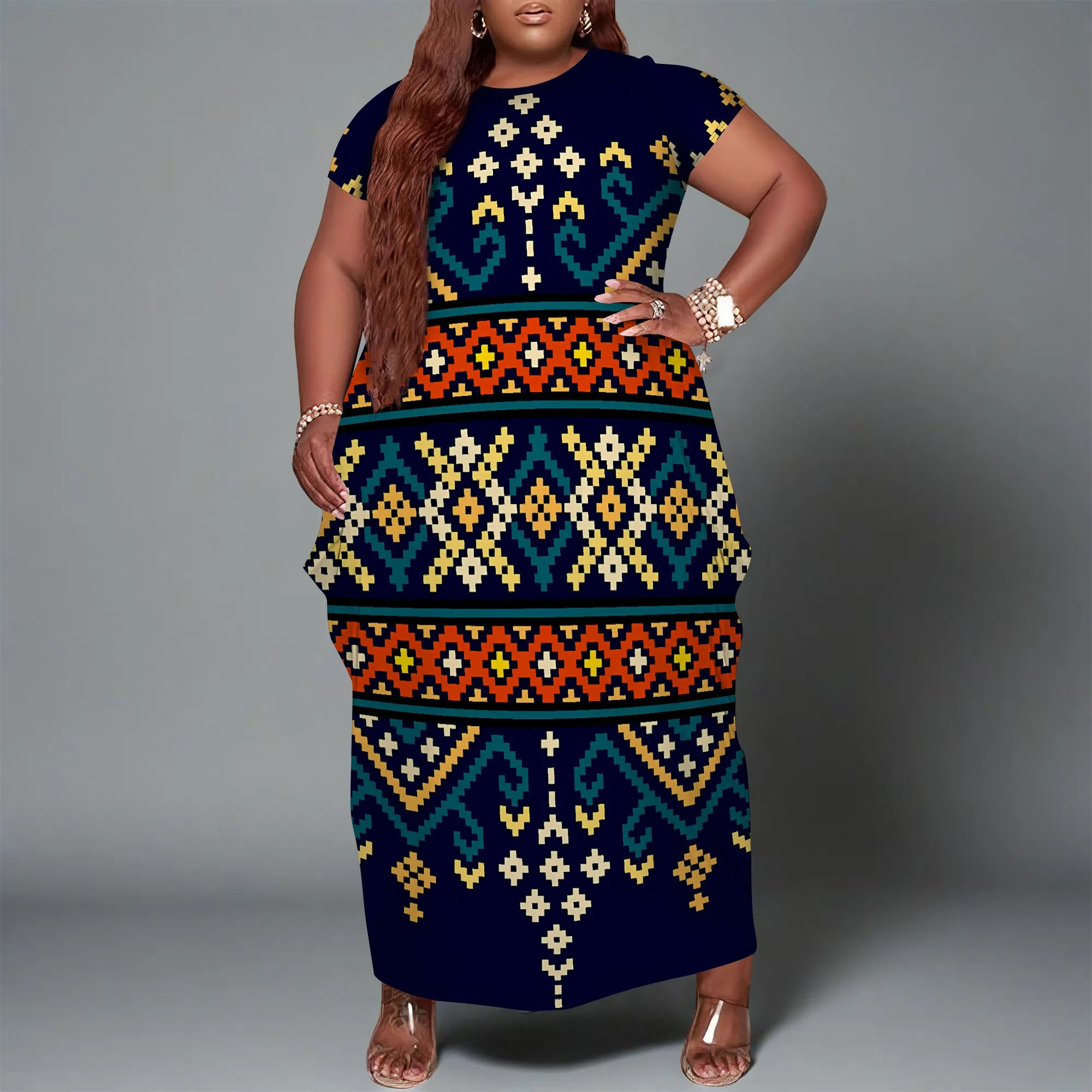 

Nupusa Ethnic Geometric Print Dress for Women Plus Size Summer Casual Crew Neck Short Sleeve Maxi Dress