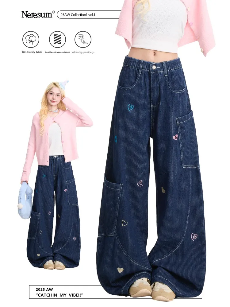 

NERESUM American Casual Embroidered Knife Women's Workwear Pants Loose Lazy Jeans Long Trousers INS Style Cotton Polyester