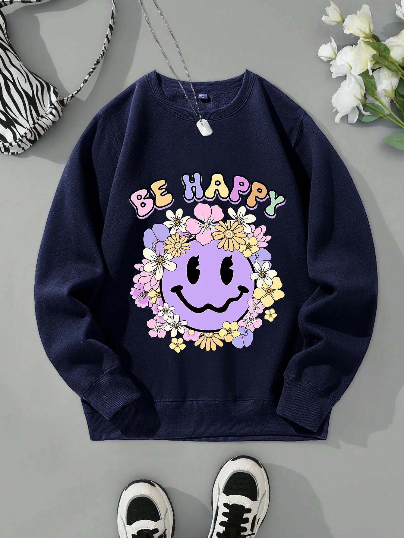 Be Happy Face Cartoons Print Hoody Women Harajuku Soft Loose Sweatshirt Fashion Warm Fleece Casual All-Match Sportswear