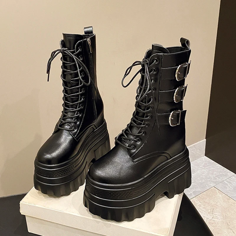 

Designer Platform Women's Boots Flats Shoes Sexy Mid Calf Boots 2025 Winter Goth Lace Up Leather Shoes Party Chelsea Botas Mujer